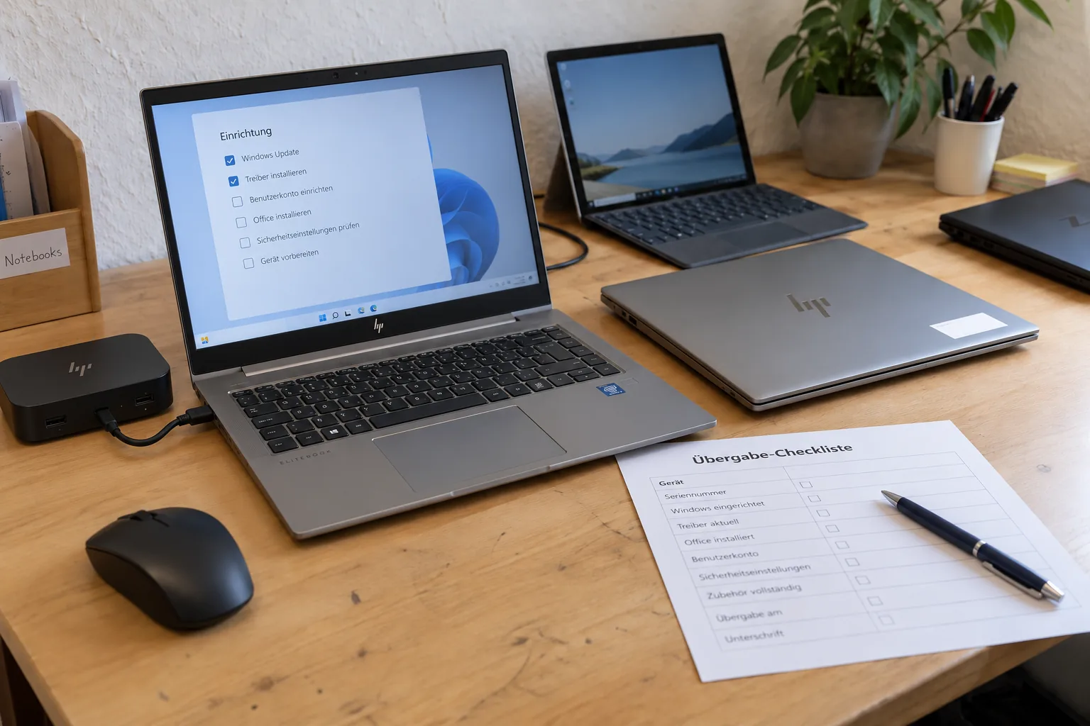 Illustratives Arbeitsmotiv: HP-Notebooks und Microsoft Surface werden für eine Übergabe vorbereitet