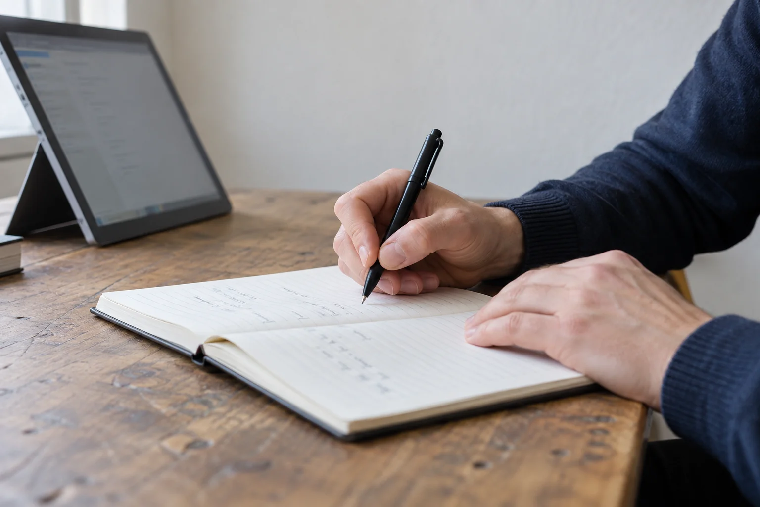 Illustrative personal working approach: planning on paper, with a Microsoft Surface in the background