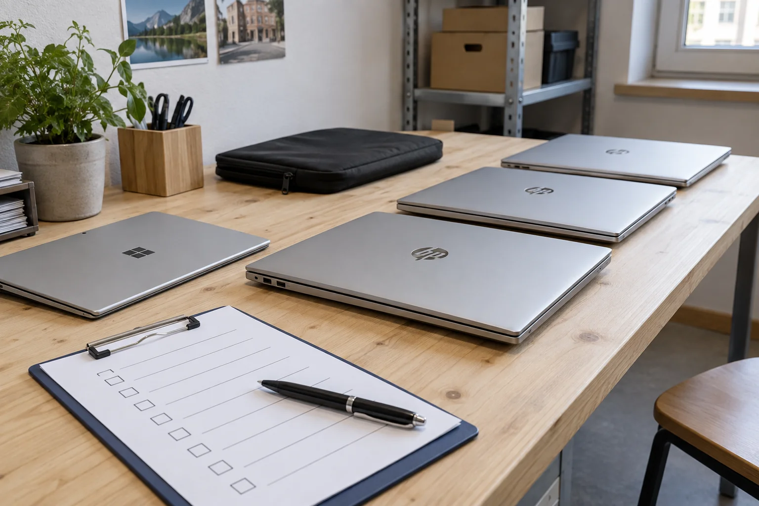 Illustratives Arbeitsmotiv: HP-Notebooks und Microsoft Surface werden für eine Übergabe vorbereitet