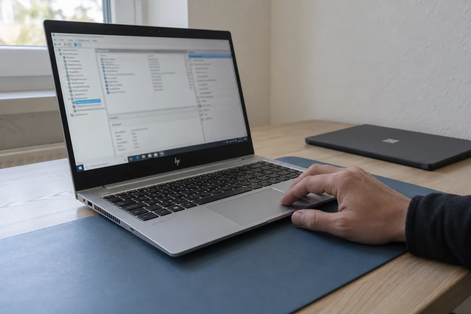 Illustratives Arbeitsmotiv: Hand am HP EliteBook, geschlossenes Microsoft Surface daneben