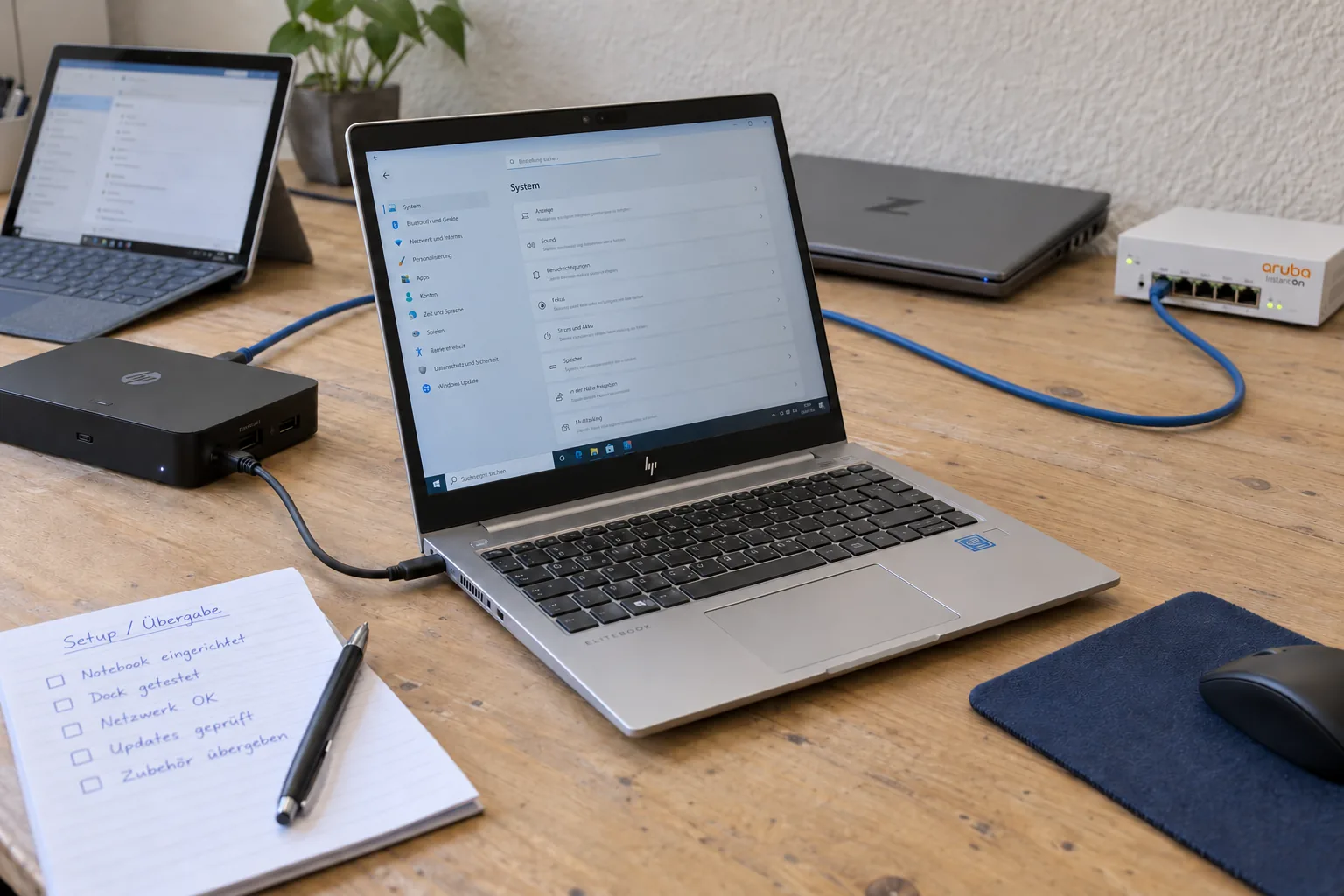 Illustratives Arbeitsmotiv mit HP EliteBook, Microsoft Surface und nachvollziehbarer Netzwerkverkabelung