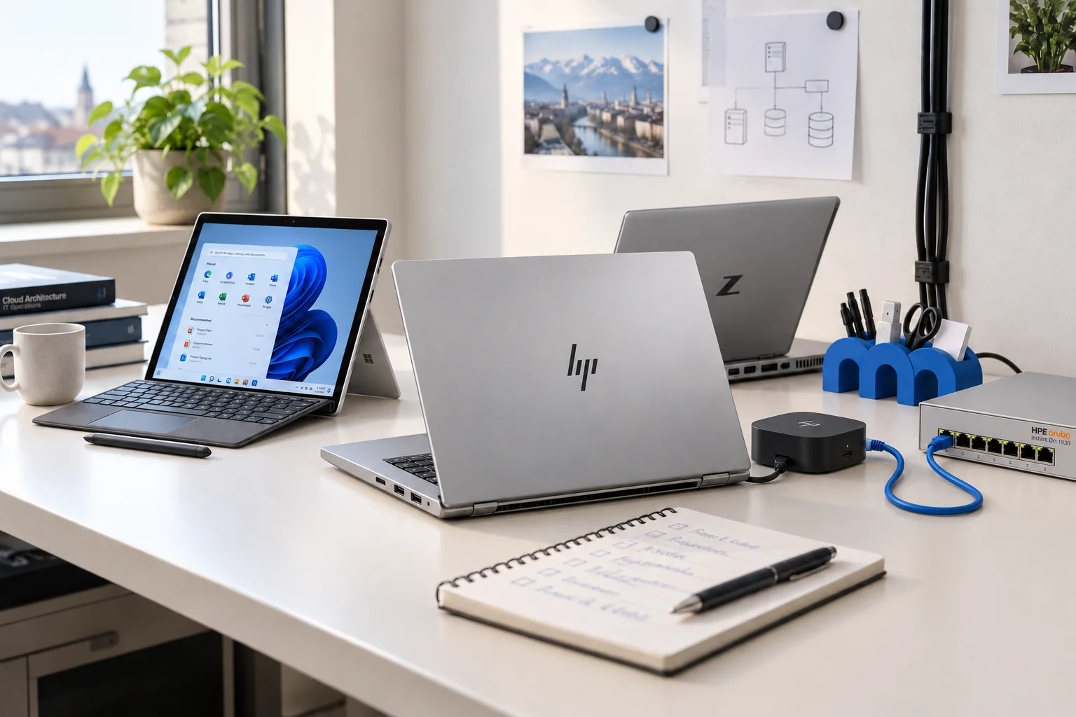 Illustratives RNM-Bildmotiv mit Microsoft Surface, HP EliteBook und mobiler HP-Workstation